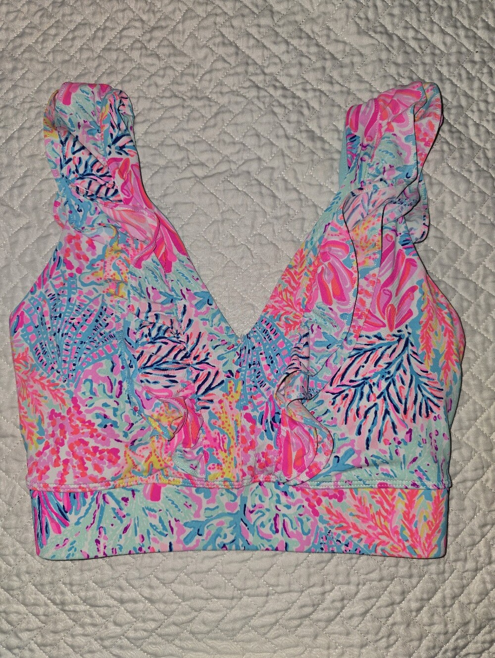 Lilly Pulitzer Pink & Aqua Floral Ruffle Sportsbra